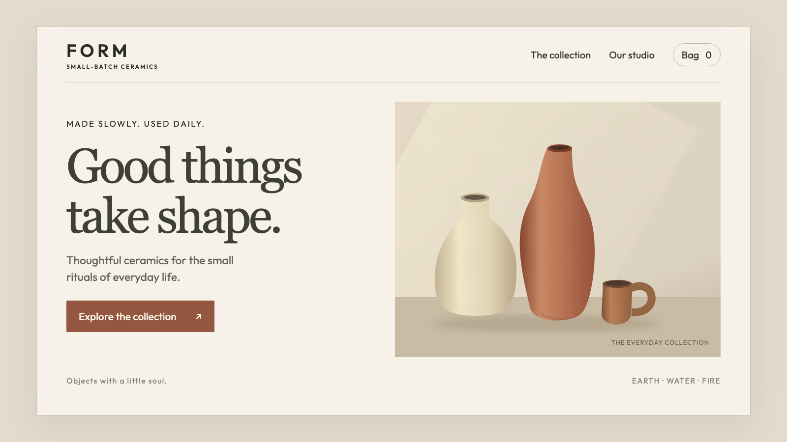 Saved visual reference: a warm ceramics website with earthy colours and everyday objects